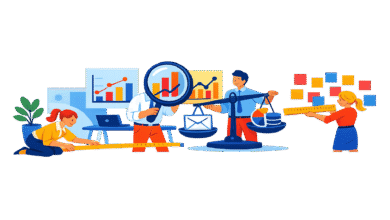 Team analyzing data with rulers, magnifying glass, and scales for balance.