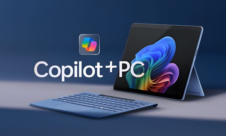 Copilot+ PC: Tablet with keyboard and colorful logo on a blue background.