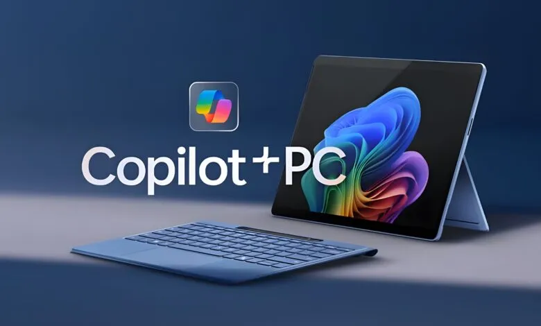 Copilot+ PC: Tablet with keyboard and colorful logo on a blue background.