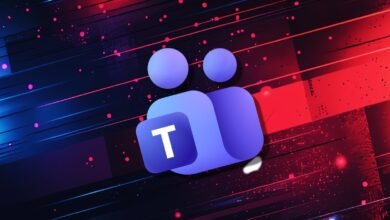 Microsoft Teams logo on a red and blue abstract background with dots and lines.