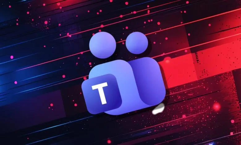 Microsoft Teams logo on a red and blue abstract background with dots and lines.