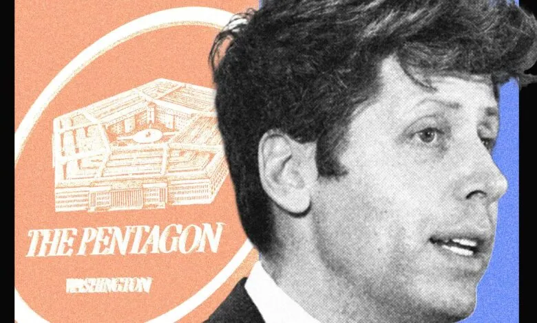 John F. Kennedy profile with Pentagon graphic, vintage style.