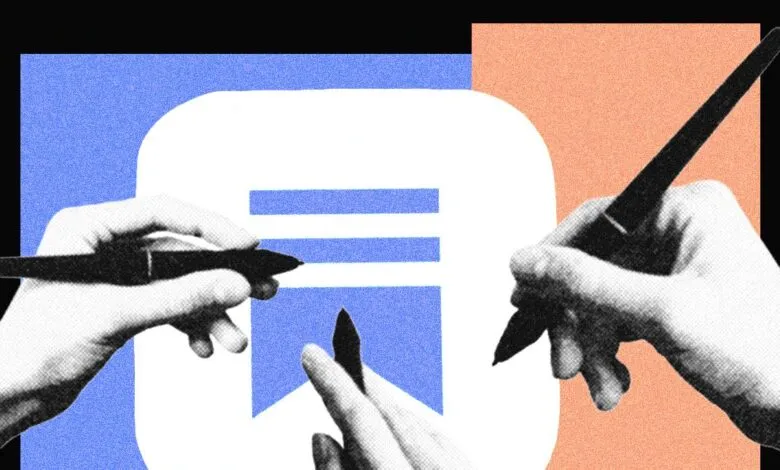 Hands holding pens over a document icon, symbolizing writing or content creation.