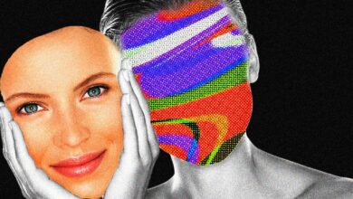 Woman holding a realistic face mask, partially obscuring another face.