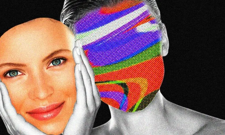 Woman holding a realistic face mask, partially obscuring another face.