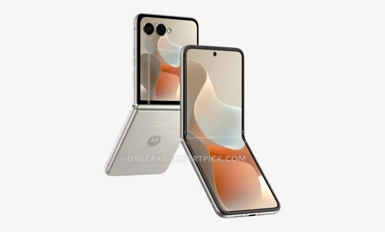 Motorola Razr foldable phone, silver finish, partially open, dual camera.