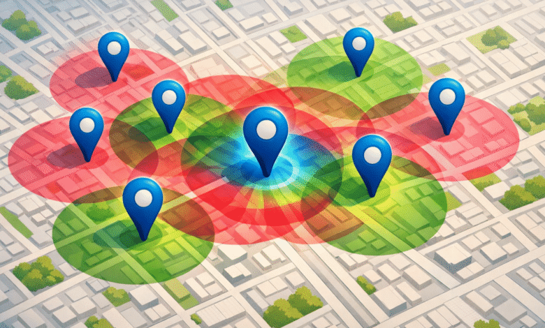 Map with blue location pins and overlapping red and green circles.