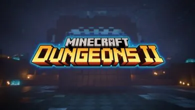 Minecraft Dungeons II logo against a dark, blocky dungeon background.