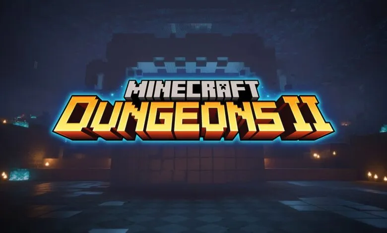 Minecraft Dungeons II logo against a dark, blocky dungeon background.