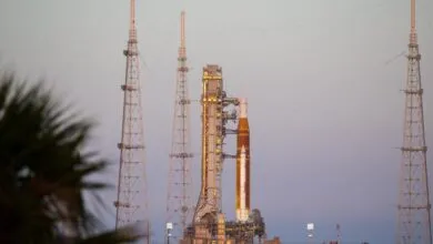 NASA's Artemis 1 rocket on launchpad with support structures and towers.