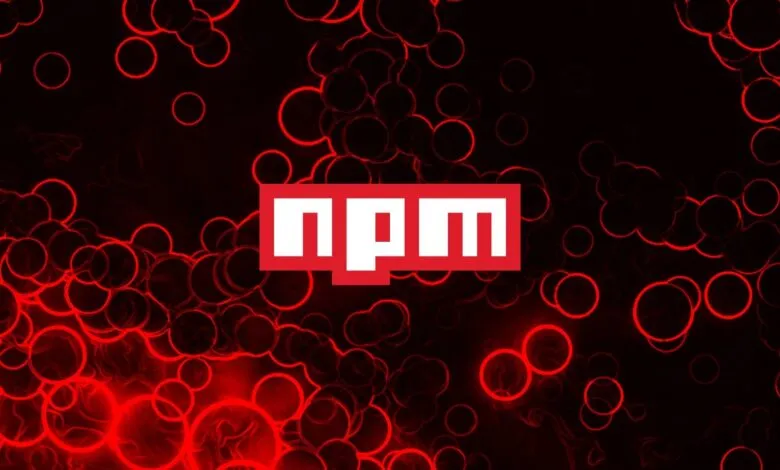 NPM logo in red and white on a dark background with red circles.
