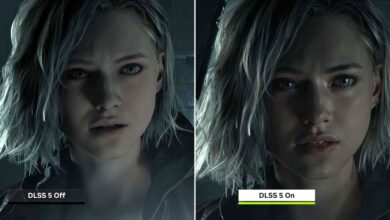 Split screen shows character's face with DLSS 5 off (left) and on (right), highlighting lighting differences.
