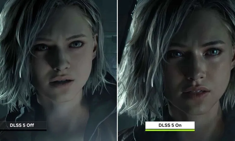 Split screen shows character's face with DLSS 5 off (left) and on (right), highlighting lighting differences.