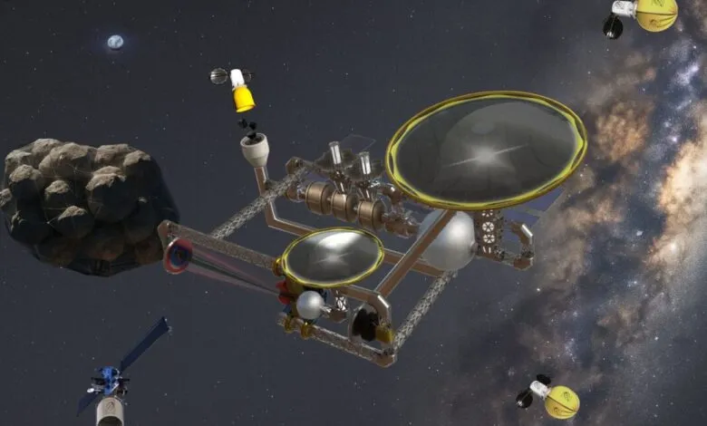 Spacecraft harvesting asteroid resources with solar collectors and robotic arms.