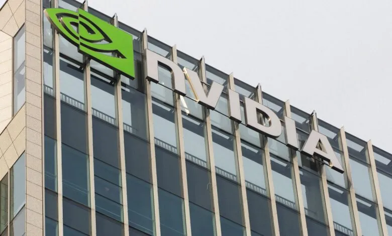 Nvidia logo and signage on modern office building exterior.
