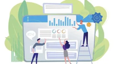 Team collaborating on a data dashboard with charts and graphs.