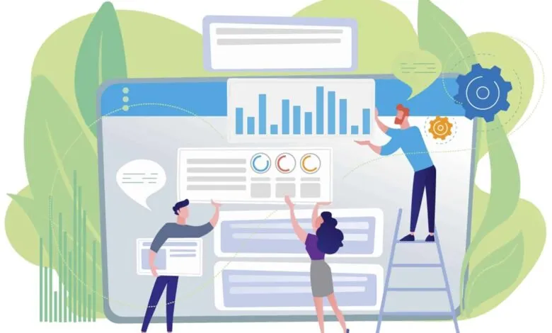 Team collaborating on a data dashboard with charts and graphs.
