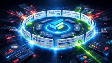 Brand reputation management visualized with glowing reviews and data points.