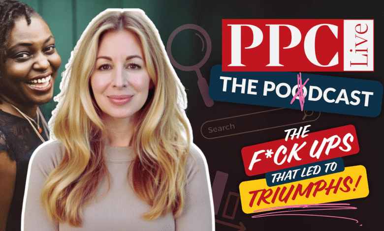 Two women smiling next to PPC Live podcast graphic with search bar.