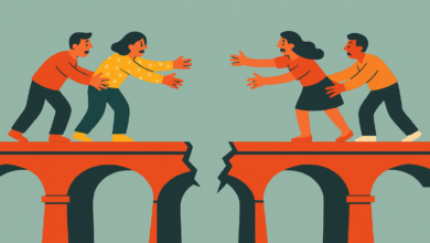 Two pairs of people reach for each other across a broken bridge.