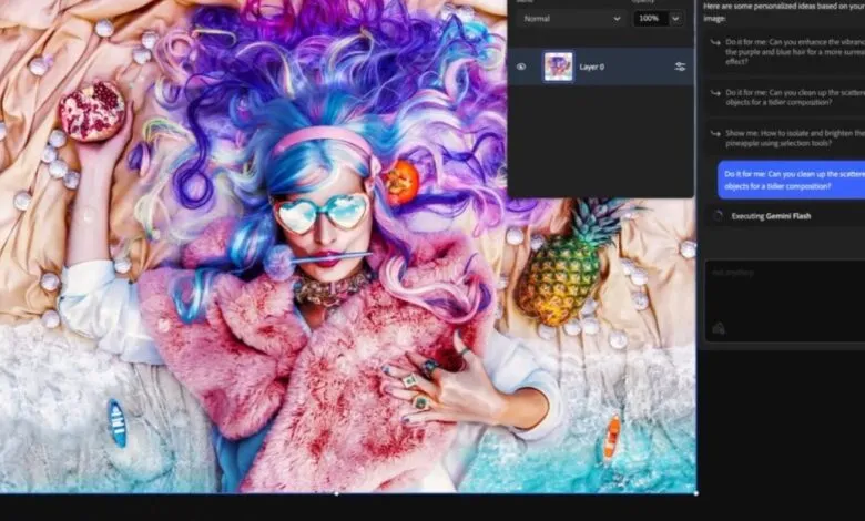 Person with colorful hair and heart sunglasses lies on a beach-themed backdrop.