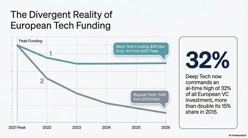 Line graph showing divergent trends in European tech funding for deep tech and regular tech from 2021-2026.