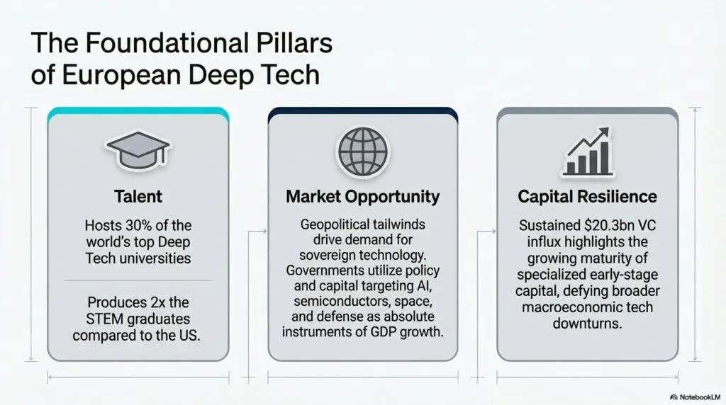 Infographic showing the three pillars of European Deep Tech: Talent, Market Opportunity, and Capital Resilience.