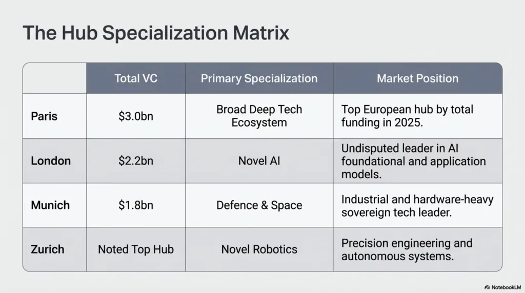 Hub Specialization Matrix showing VC funding and specialization for Paris, London, Munich, and Zurich.