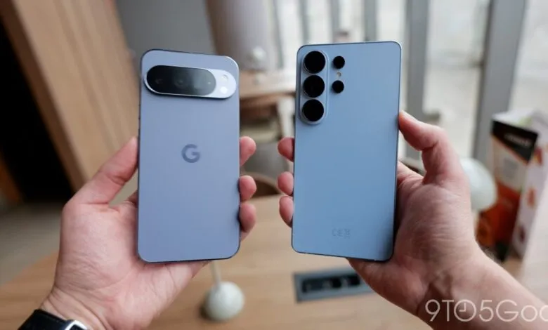 Two hands holding a Google Pixel and a Samsung Galaxy phone.