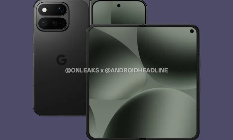 Foldable Google Pixel phone with dual screen and camera array.