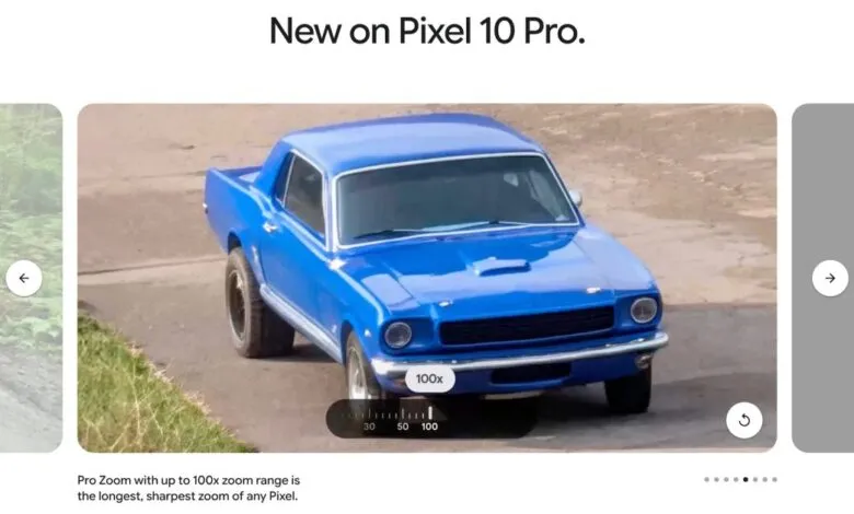Blue classic car shown at 100x zoom on Pixel 10 Pro camera display.