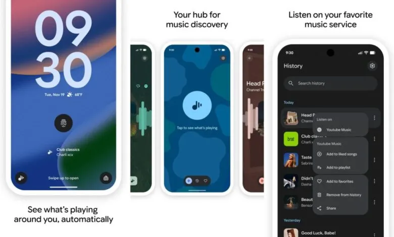 Screenshots of a music discovery app on a smartphone, showing the lock screen and history.