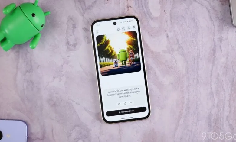 Smartphone displays an AI-generated image of an Android bot walking a dog in a park.