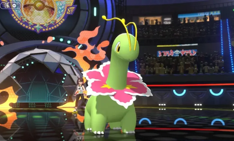 Meganium, a green Pokémon with a flower collar, stands on a stage.