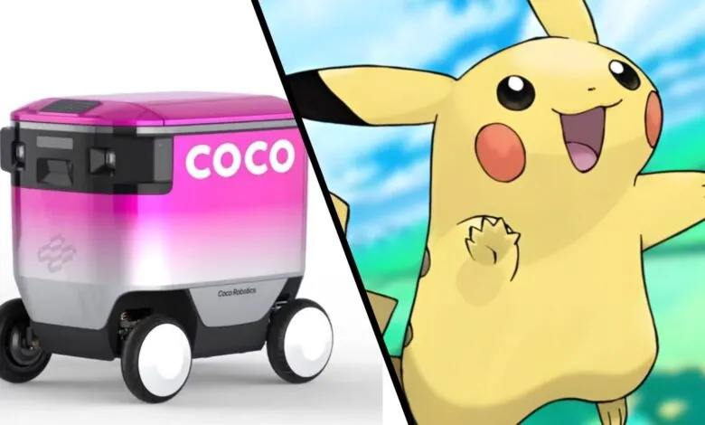 Coco delivery robot next to Pikachu, a popular Pokemon character.