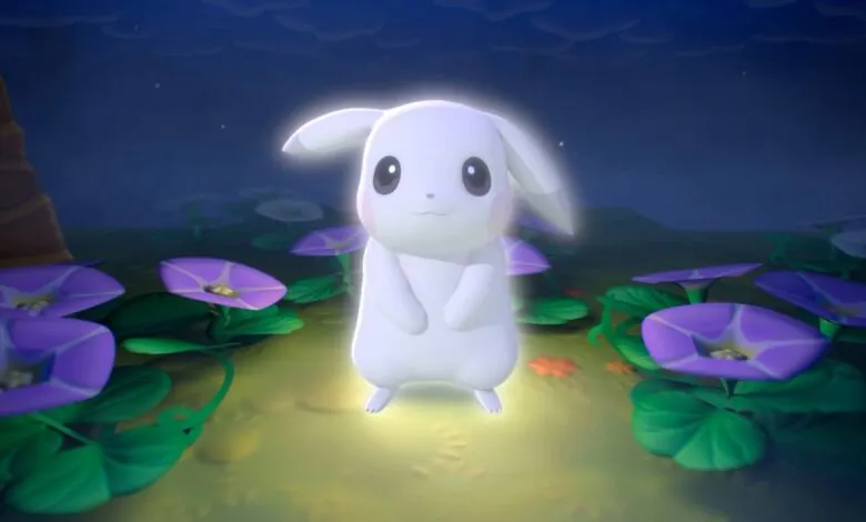 Glowing white Pikachu stands in a field of purple flowers at night.
