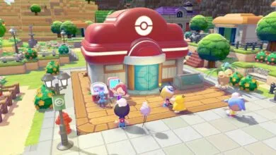Pokemon building with characters outside in a colorful, blocky world.
