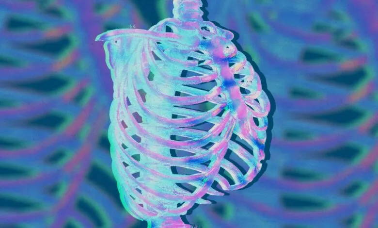Stylized ribcage illustration with vibrant colors and blurred background.