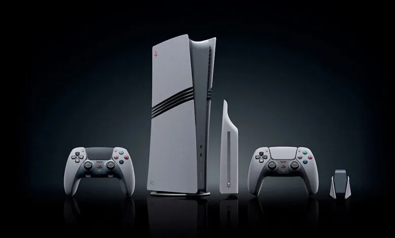 Gray PlayStation 5 console with two controllers and charging station.