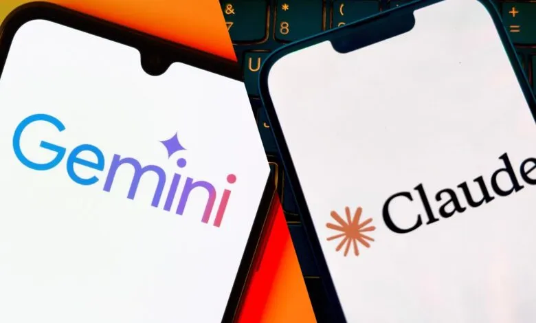 Two phones displaying Gemini and Claude AI logos against a keyboard backdrop.