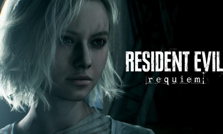 Close-up of a pale woman with short white hair and the Resident Evil: Requiem logo.