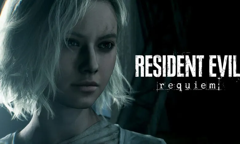 Close-up of a pale woman with short white hair and the Resident Evil: Requiem logo.