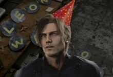 Leon S. Kennedy with party hat, surrounded by birthday decorations.