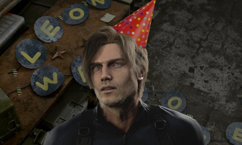 Leon S. Kennedy with party hat, surrounded by birthday decorations.
