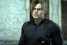 Leon Kennedy from Resident Evil in tactical gear, looking serious.