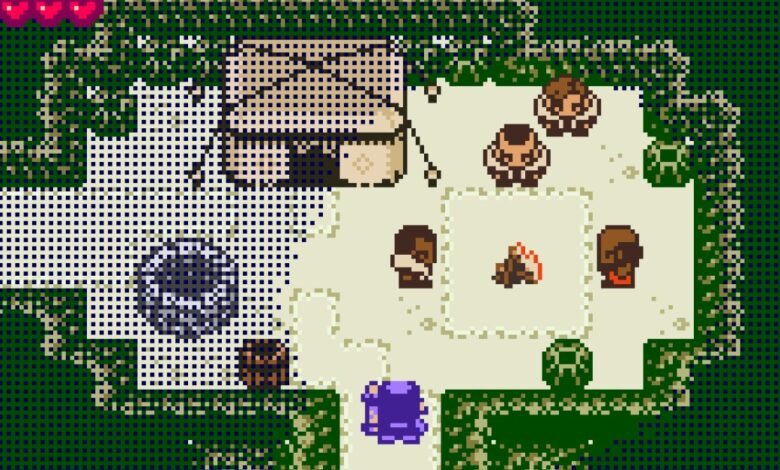 Pixelated campsite scene with characters, tent, and campfire.