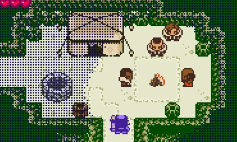 Pixelated campsite scene with characters, tent, and campfire.