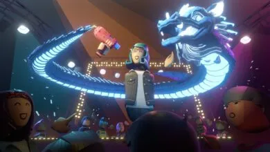 Rec Room avatar on stage with a dragon and crowd, confetti falling.