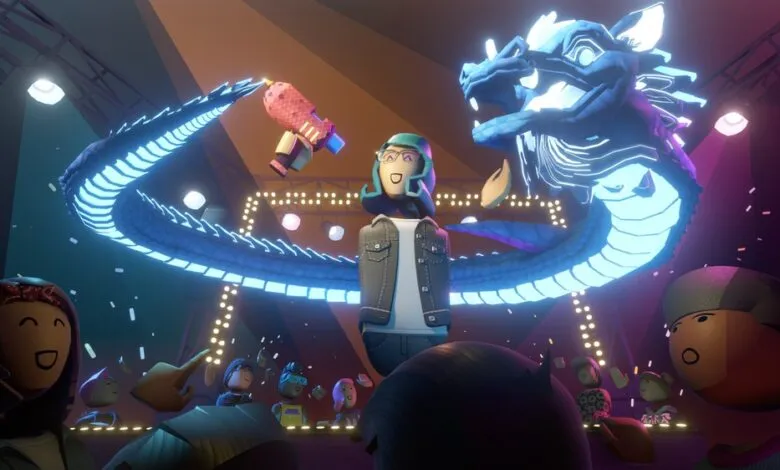 Rec Room avatar on stage with a dragon and crowd, confetti falling.