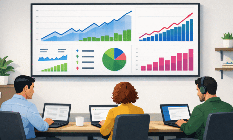 Three people work at laptops in front of a large data visualization screen.